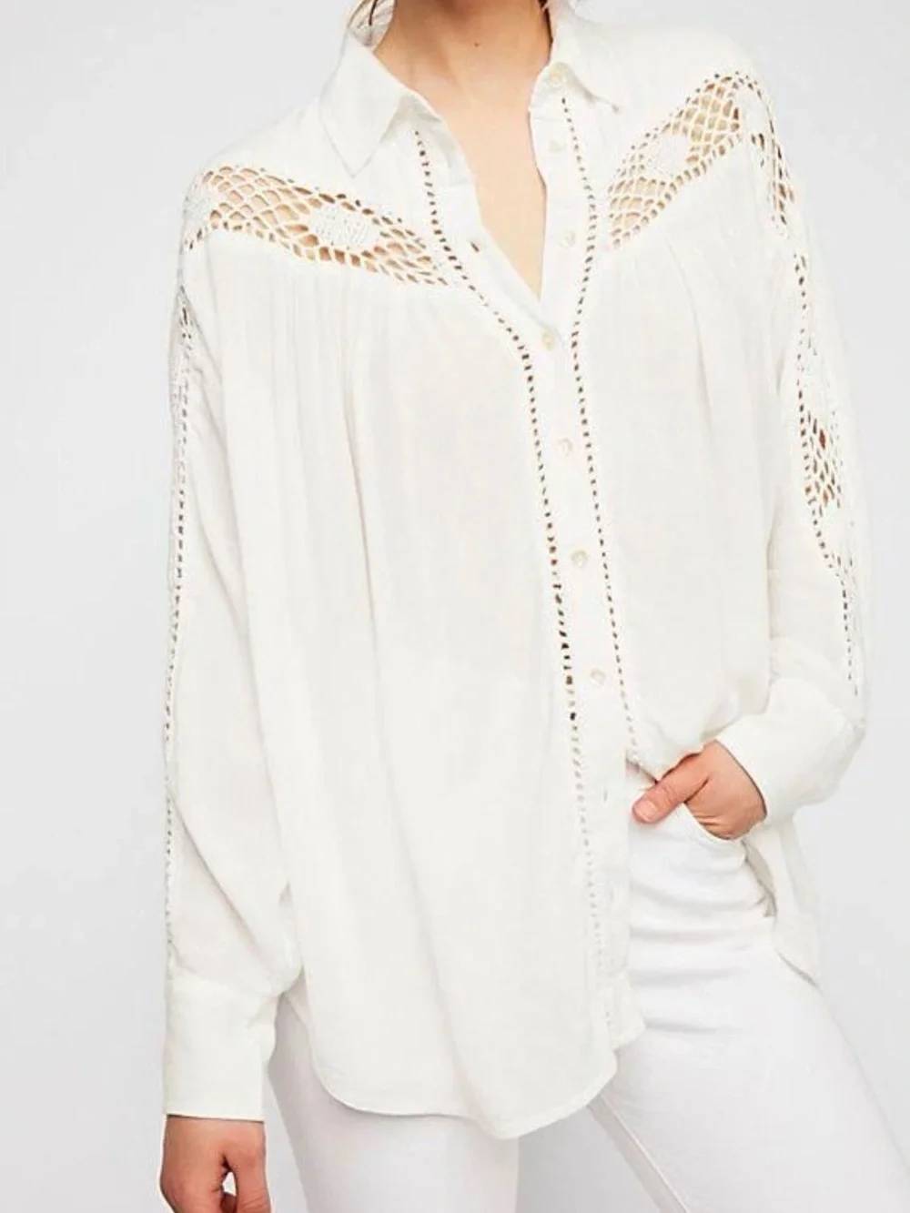 Free People Katie bird White Crochet-Detail Button Down Shirt - Picture 3 of 10